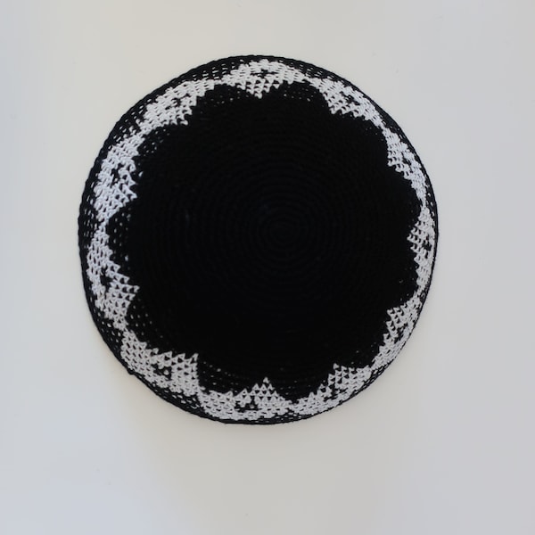 Black & White with Black knit kippah made in Israel 6"