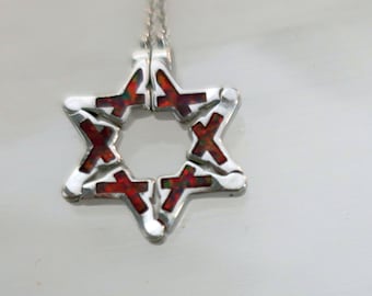 Butterfly Jewish Star of David Necklace in Red Opal