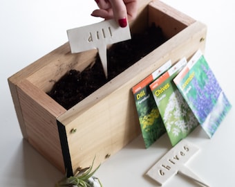 DIY Kit, Herb Starter Gardening Kit with Wood Planter Box, Build Your Own Planter, At Home Gardening Kit