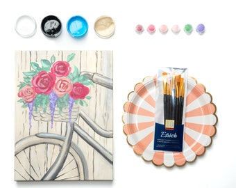 Doe-het-zelfpakket, fiets met bloemenmand, schilderijset acrylverf voor beginners