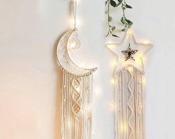 DIY Kit, Moon Macrame Wall Hanging Craft Supply Kit with String Lights, Craft Kit for Adults, Boho Home Decor