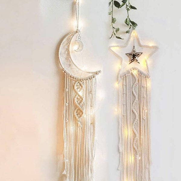 Kit de bricolage, kit de bricolage à suspendre au mur en macramé lune avec guirlandes lumineuses, kit de bricolage pour adultes, décoration d'intérieur bohème