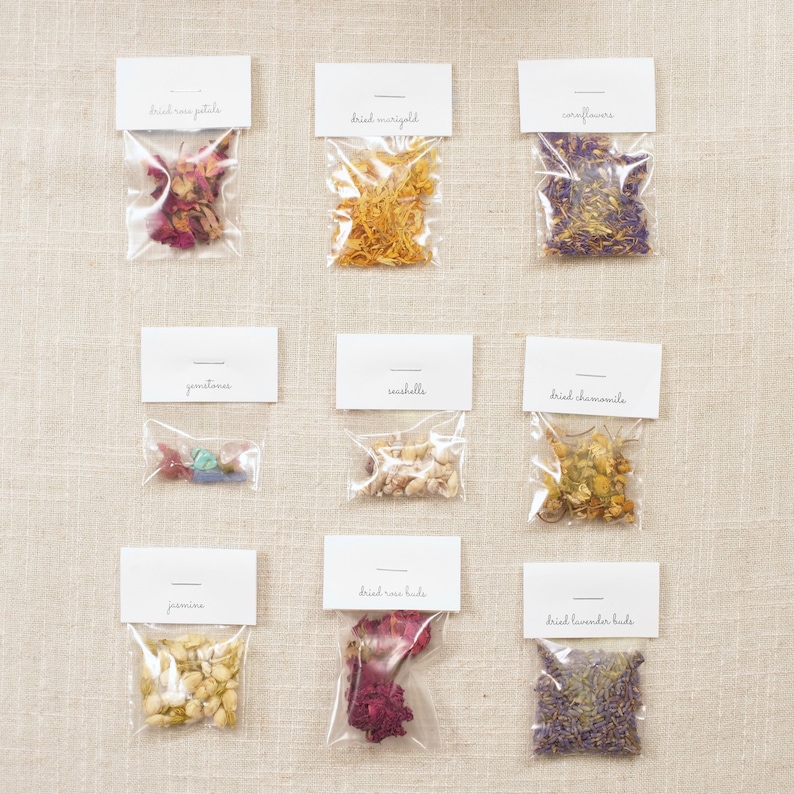 dry flower petals and gemstones that you can add to your candles in the diy candle making kit for adults pop shop america