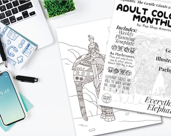 May include: A black and white coloring book featuring detailed illustrations of elephants. The cover includes the text "Adult Coloring Monthly" and "Everything Elephants".