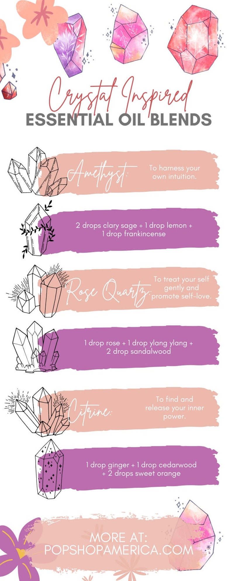May include: A graphic with watercolor crystals and text that reads "Crystal Inspired Essential Oil Blends".  The graphic lists three essential oil blends: Amethyst, Rose Quartz, and Citrine. Each blend is described with a short phrase and a list of essential oils to use.