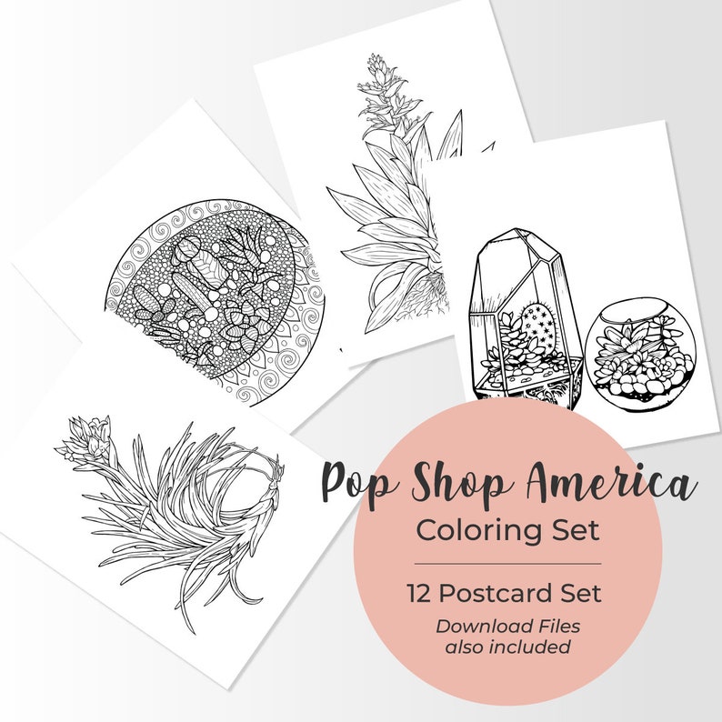 May include: A set of 12 printable coloring postcards featuring succulent plants in various arrangements. The postcards are designed for adults and feature intricate details. The set includes a download option for digital files.  Pop Shop America Coloring Set.