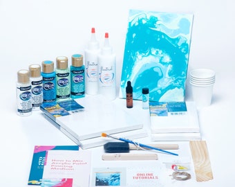 DIY Kit, Acrylic Paint Pouring Painting Kit (Turquoise, Surf Blue, Mint), Fluid Art Kit