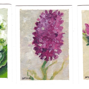 Set van drie originele bloemen, met de hand geschilderd op ACEO-papieren kaarten