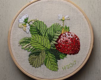 The Strawberry Embroidery work Handmade Hand stitched Gift Farmhouse Wall hanging embroidery Fruit Kid's room Wall art