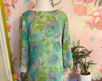 1960s Green Floral Cocktail Dress