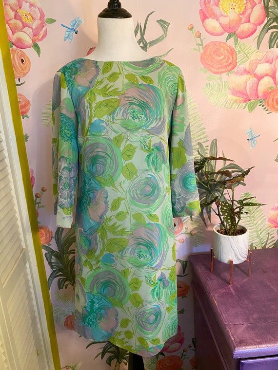 1960s Green Floral Cocktail Dress