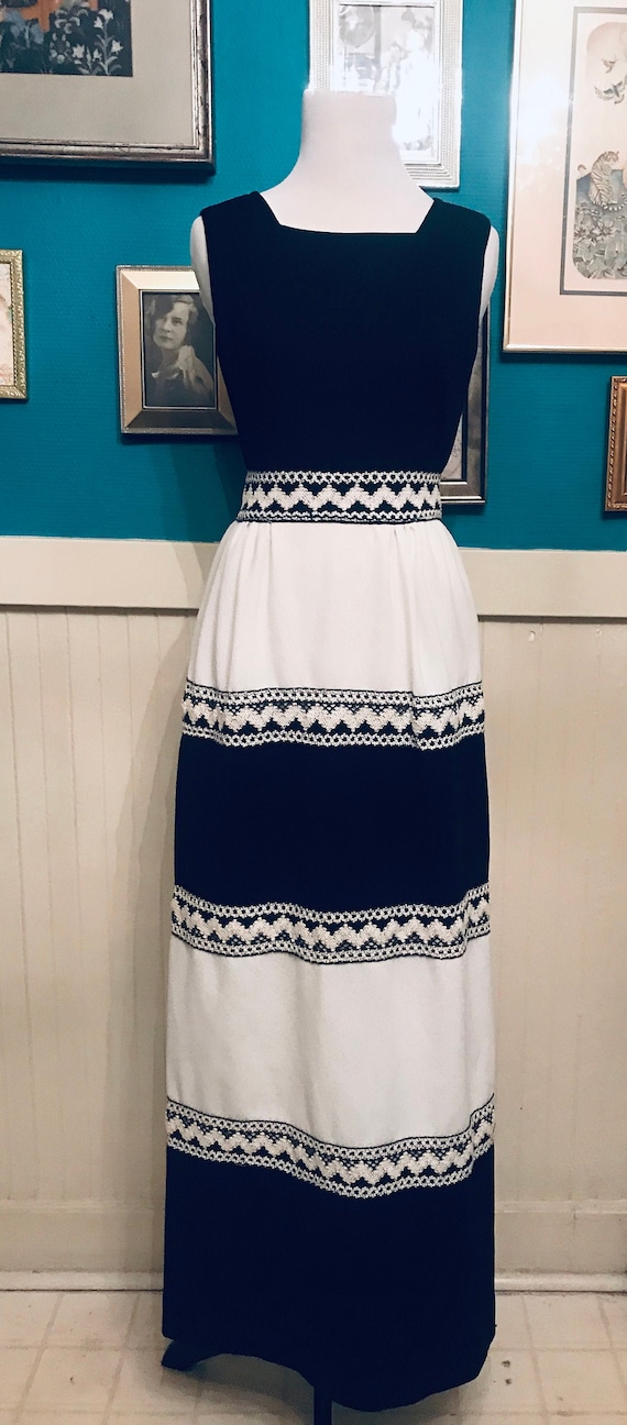 1970s Black & White Floor Length Striped Dress