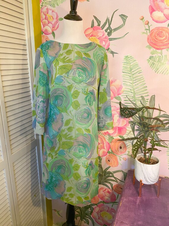 1960s Green Floral Cocktail Dress - image 2