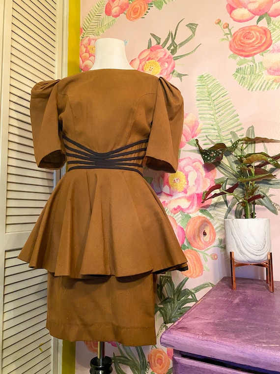 1940s Style Brown Peplum Leslie Lucks Dress