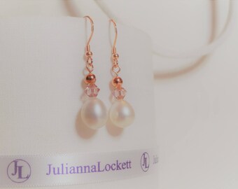 Freshwater Pearl & Crystal Earrings 925 Rose Gold Plated