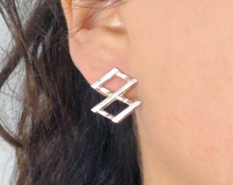 Geometric Stud Earrings- Handmade Silver Stud Earrings- Everyday Earrings-Simple Earrings-Textured Silver Earrings- Double Square Earrings