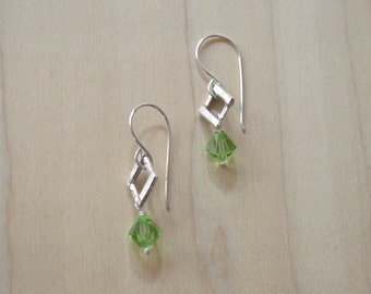 Green Crystal Earrings- Peridot Swarovski Beads- Handmade Silver Drop Earrings- Gifts for Her