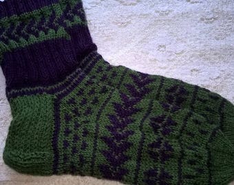 Handknitted colorful green - purple woollen socks size US 19, UK 9,5, EU 43