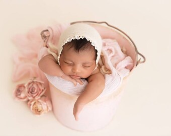 NEWBORN BABY BONNET, knit baby bonnet, ivory, brown, newborn, ivory trim, handmade, baby photo prop,  photography prop, baby photo prop