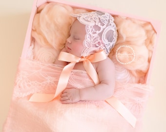 New Handmade Peach Floral with White Lace and Bows Baby Bonnet 