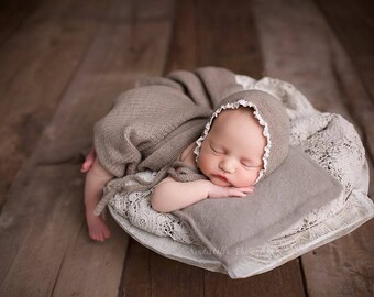 NEWBORN BABY BONNET, brown, rose pink knit bonnet, pink wrap, newborn baby set, ivory trim, handmade, baby photo prop,  photography prop