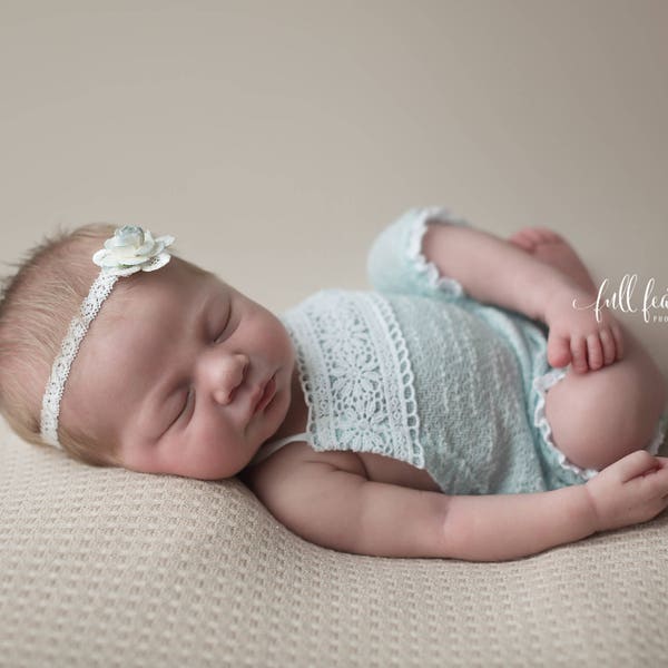 NEWBORN ROMPER, baby photo prop, stretch knit, headband, baby shower gift, aqua nb baby romper, baby photography prop, handmade, baby photos