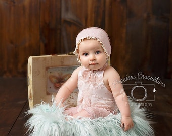 ROMPER / BONNET / HEADBAND: Last one - 6 month, 12 month, dusty pink stretch romper, crocheted  romper, baby photography, photo prop