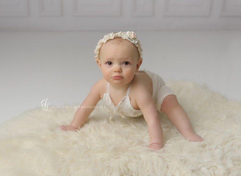 photography prop embriodered lace ivory knit romper 12 month sitter set BABY ROMPER HEADBAND bonnet: 6 month sitter set headband