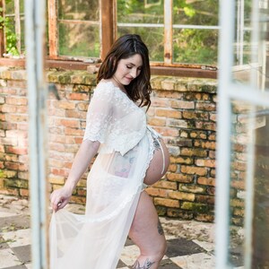 MATERNITY DRESS for photo shoot, floor length gown for photo shoot lingerie off white embroidered lace tulle one-size sheer boho image 6