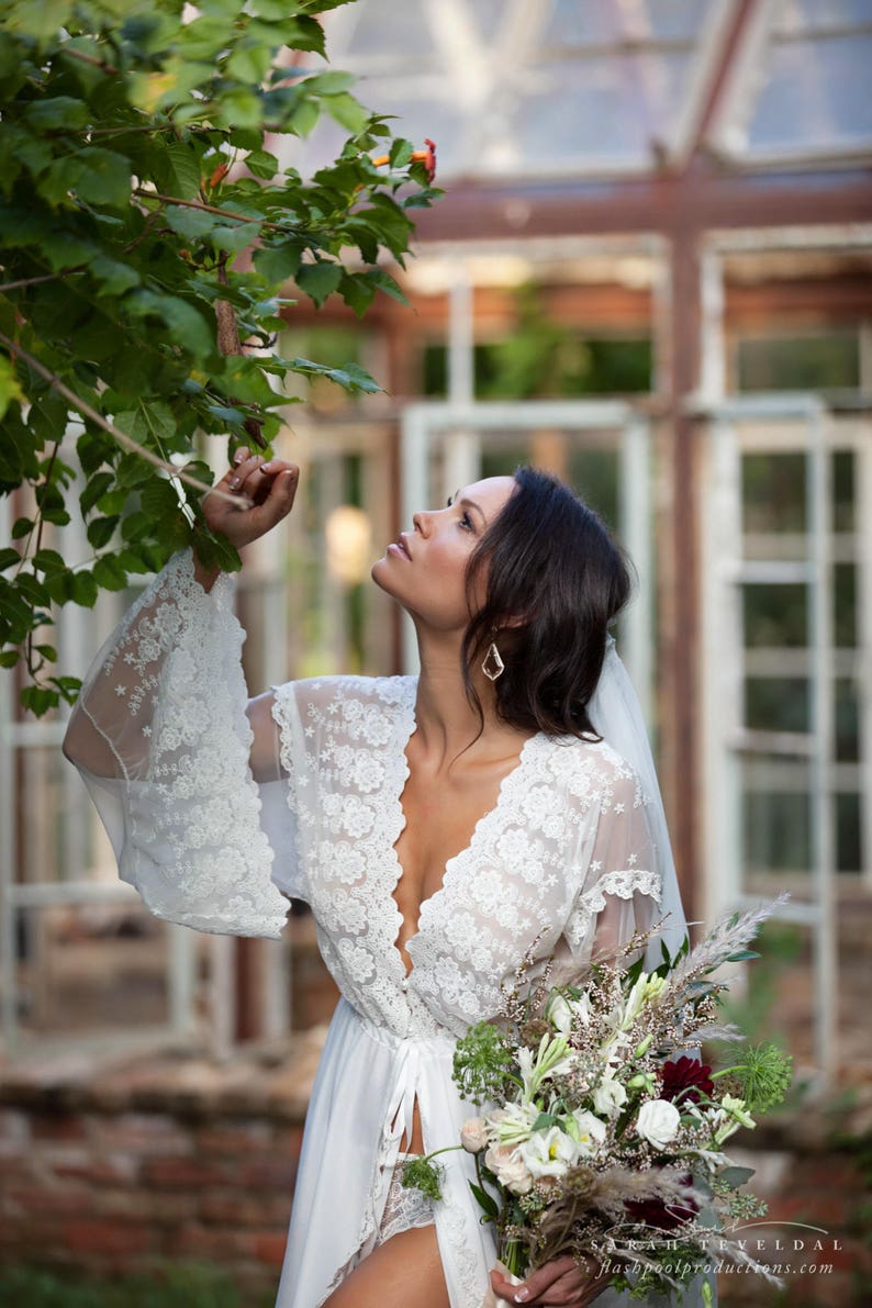boho bell sleeve elopement robe for photo shoot long off white bridal gown BRIDAL BOUDOIR ROBE wedding day gown size 0-16 train
