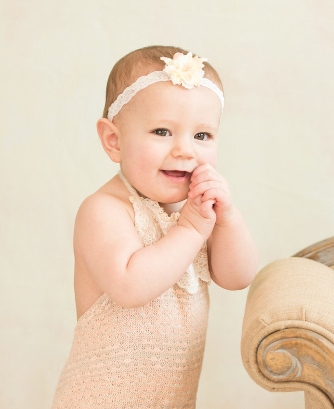 BABY ROMPER / HEADBAND 6 Month Sitter Set 12 Month Peach Etsy