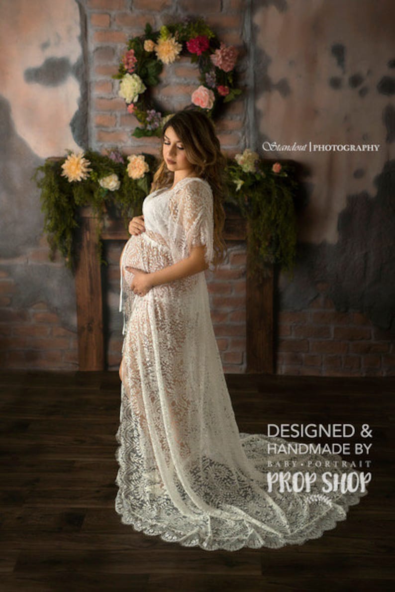 MATERNITY DRESS FOR photo shoot one-size wedding day robe off white eyelash lace short sleeve boudoir robe for photo shoot gift sheer