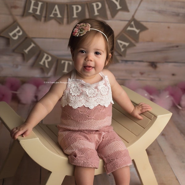 ROMPER / BONNET / HALO set: mauve pink stretch knit Sitter set, 6 month, 12 month, embroidered trim fabric, baby photography, photo prop