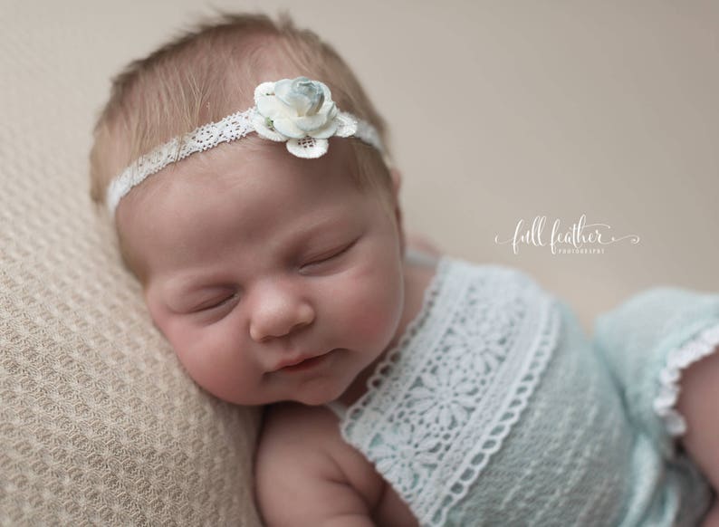 baby photo prop NEWBORN ROMPER headband baby photography prop aqua nb baby romper baby shower gift baby photos handmade stretch knit