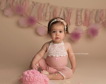 BABY ROMPER / SITTER: 6M, 12M baby stretch romper, toddler photo prop, dusty pink, embroidered trim, handmade photo prop, baby photography