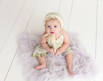 BABY BONNET: newborn, 6 month, 12 month, baby bonnet, cotton crocheted trim, lt. sage green, baby photography, baby photo prop, handmade