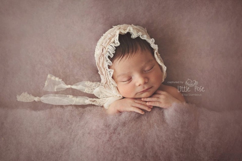 NEWBORN BABY BONNET, vintage baby bonnet, ivory lace, dusty lilac, newborn, handmade, baby photo prop, photography prop, baby photo prop image 2