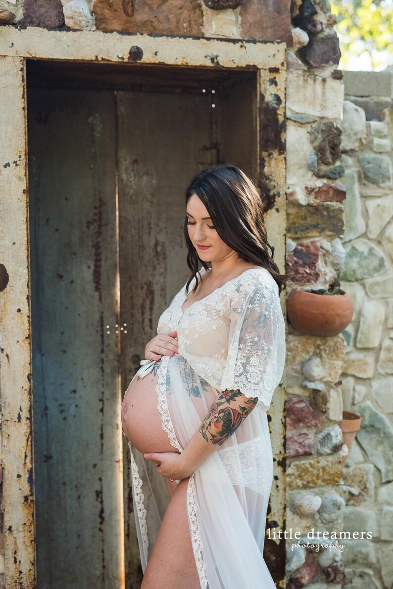 MATERNITY DRESS for photo shoot, floor length gown for photo shoot lingerie off white embroidered lace tulle one-size sheer boho image 9