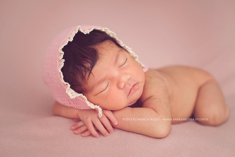 pink wrap handmade photography prop brown ivory trim newborn baby set rose pink knit bonnet NEWBORN BABY BONNET baby photo prop
