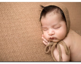 NEWBORN BABY BONNET, knit baby bonnet, ivory, brown, gray, newborn, lace trim, handmade, baby photo prop,  photography prop, baby photo prop