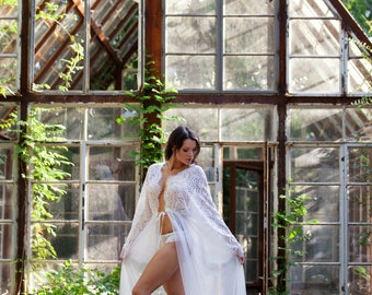 BRIDAL BOUDOIR ROBE wedding day gown, for photo shoot, off white stretchy lace, size 2 - 16 sheer long train tulle bell sleeve boho lingerie