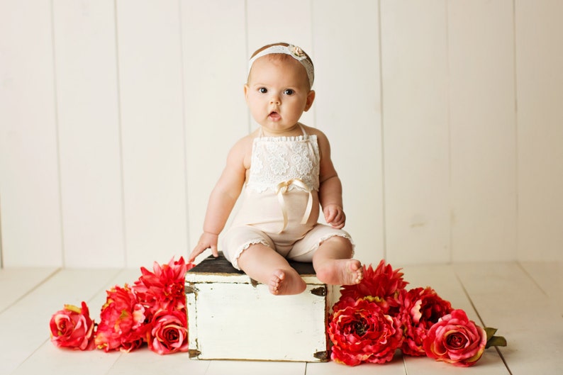 6M NEWBORN lace bib baby photography lace trim peach toddler photo prop lt 12M SITTER SET baby stretch romper handmade photo prop