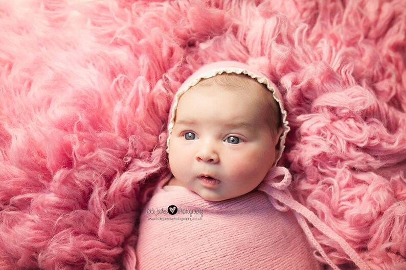pink wrap handmade photography prop brown ivory trim newborn baby set rose pink knit bonnet NEWBORN BABY BONNET baby photo prop