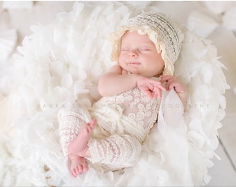 ROMPER / BONNET / TIEBACK :cream lace fabric, lace, newborn bonnet, newborn romper, tieback, baby bonnet, newborn photography, photo prop