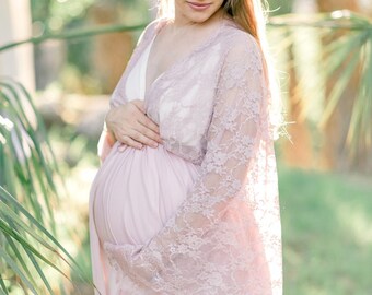 LACE MATERNITY ROBE size 2-16 mauve stretch knit maternity gown for photos, long train, bell sleeve maternity dress, maternity photography