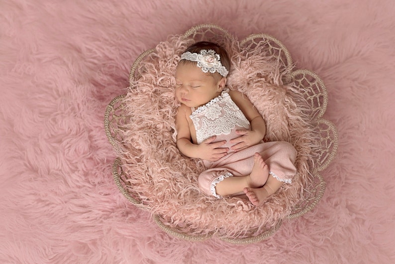 BABY ROMPER SET: dusty pink knit romper, newborn, baby stretch romper, headband, baby photo prop, knit fabric, handmade, photography prop image 1