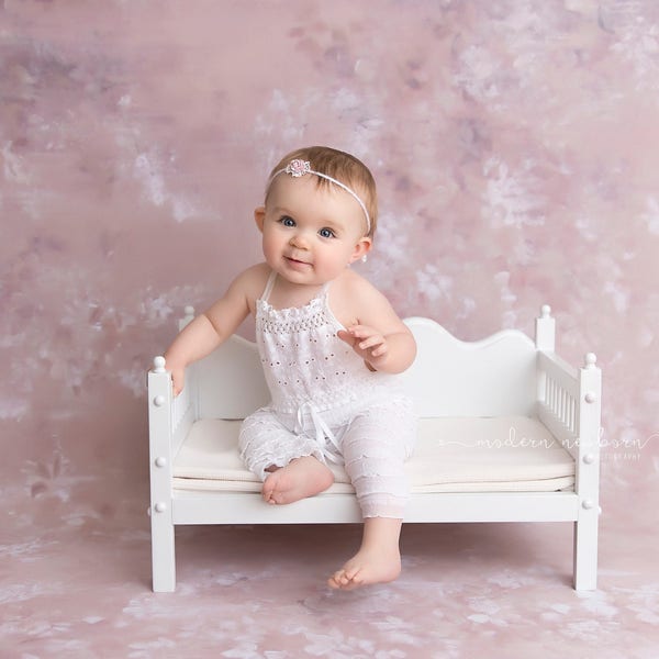 HANDMADE ROMPER / HEADBAND Sitter set - size 6 month - 12 month - white ruffled fabric - cake smash photo shoot - baby photography prop gift