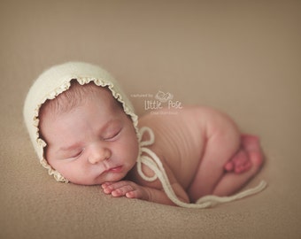 IVORY BABY BONNET, knit baby bonnet, ivory, newborn, ivory trim,  handmade, newborn baby photo prop,  photography prop, baby photo prop