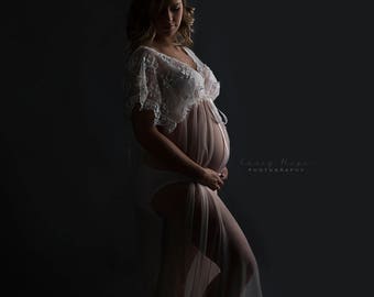 MATERNITY GOWN - bridal boudoir robe - floor length gown for photo shoot - lingerie - off white embroidered lace - tulle - one-size - sheer