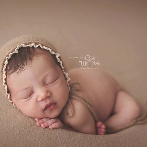 NEWBORN BABY BONNET, knit baby bonnet, ivory, brown, newborn, ivory trim, handmade, baby photo prop,  photography prop, baby photo prop